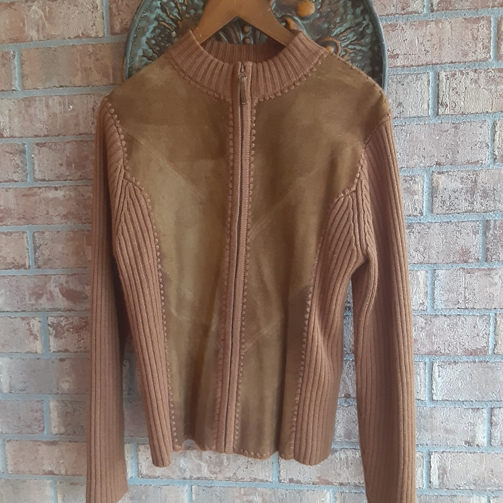 Designer Originals Brown Front Zip Suede Leather Wool Jacket